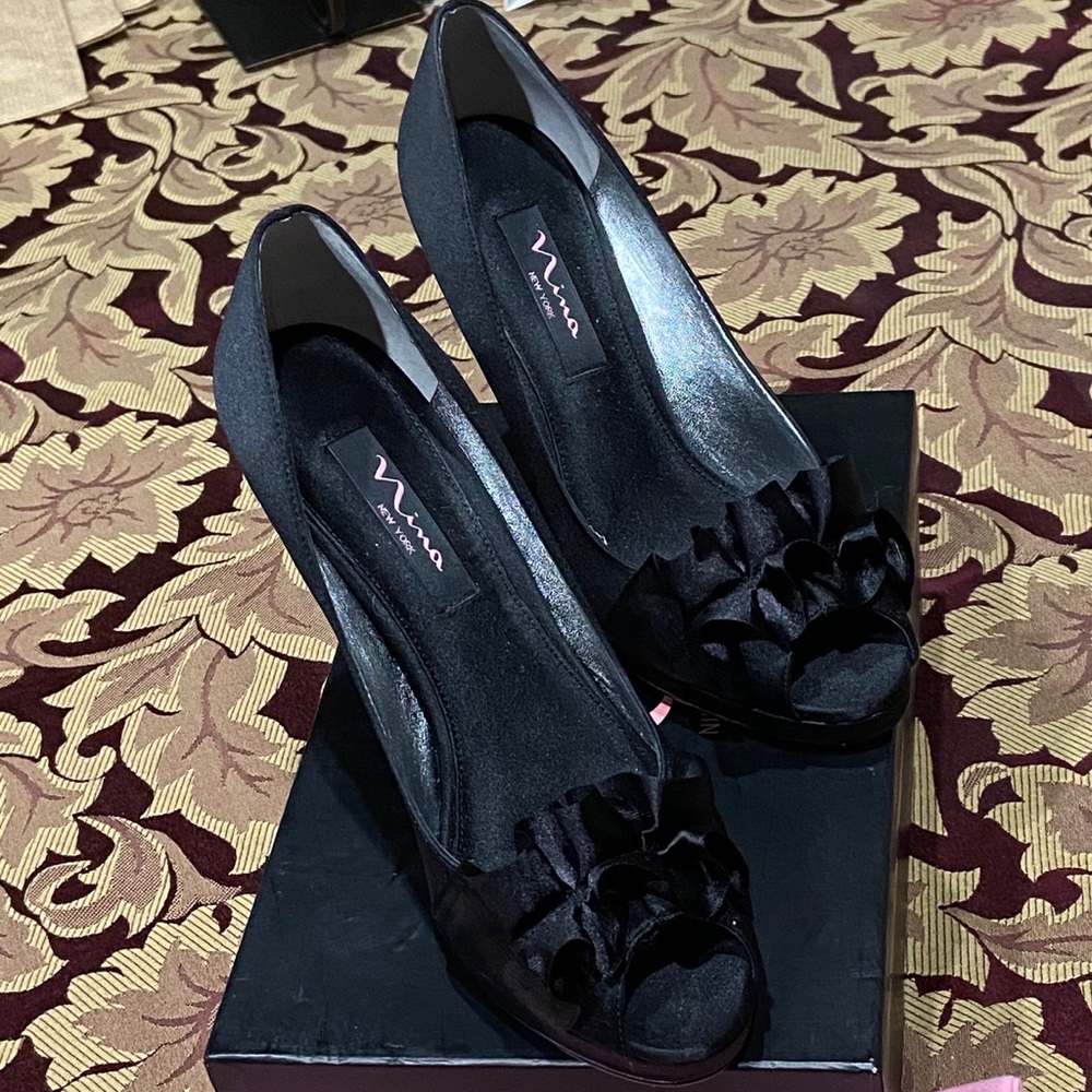Beautiful Nina Peep Toe Black Satin shoe